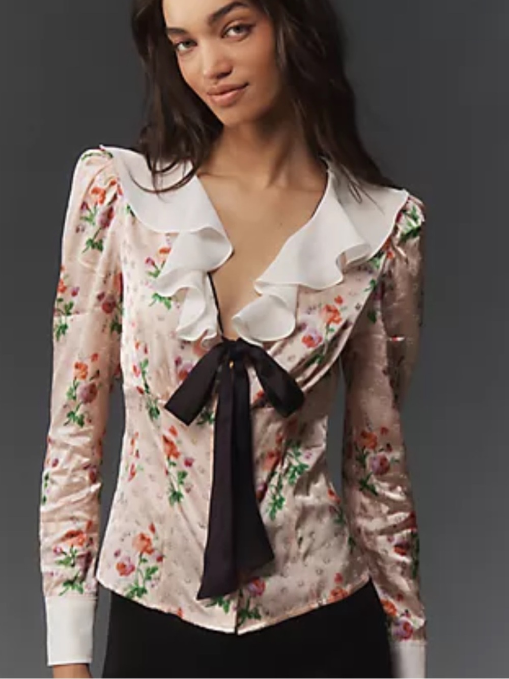 NWT retail $118 size S #Maeve Long sleeve Floral Ruffle Tie-Neck blouse.